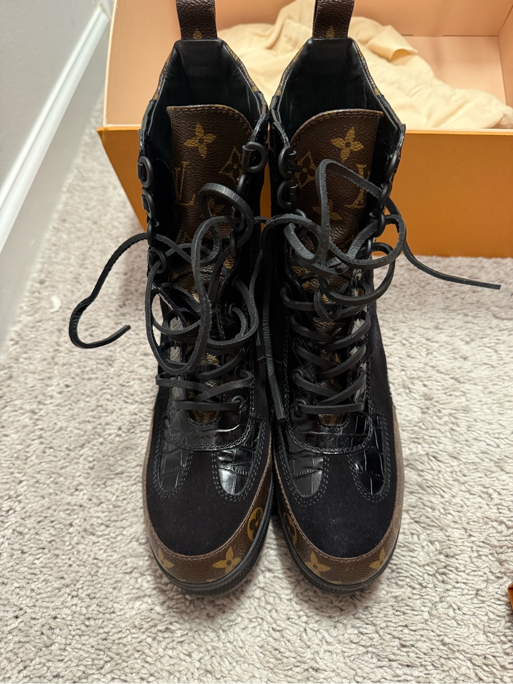 Louis Vuitton Black and Brown Monogram Lace-Up Combat Boots